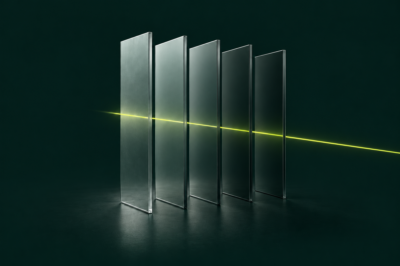Five translucent glass planes with a thin lime line passing through them